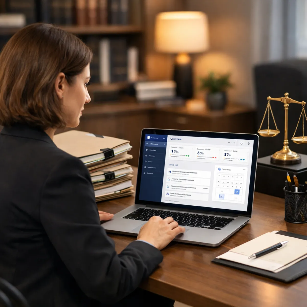 Paralegal using AI tools for case preparation on a laptop