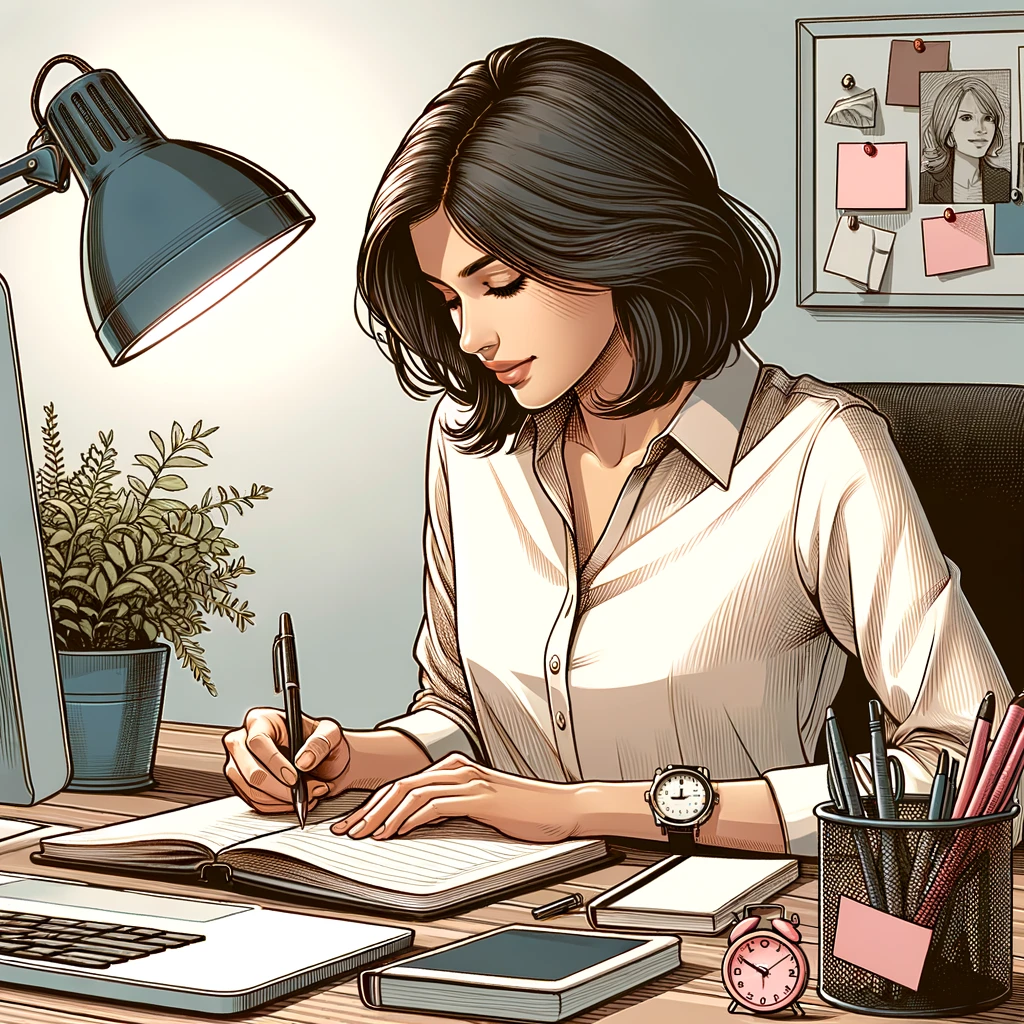 Image a female professional drafting expert deposition summaries