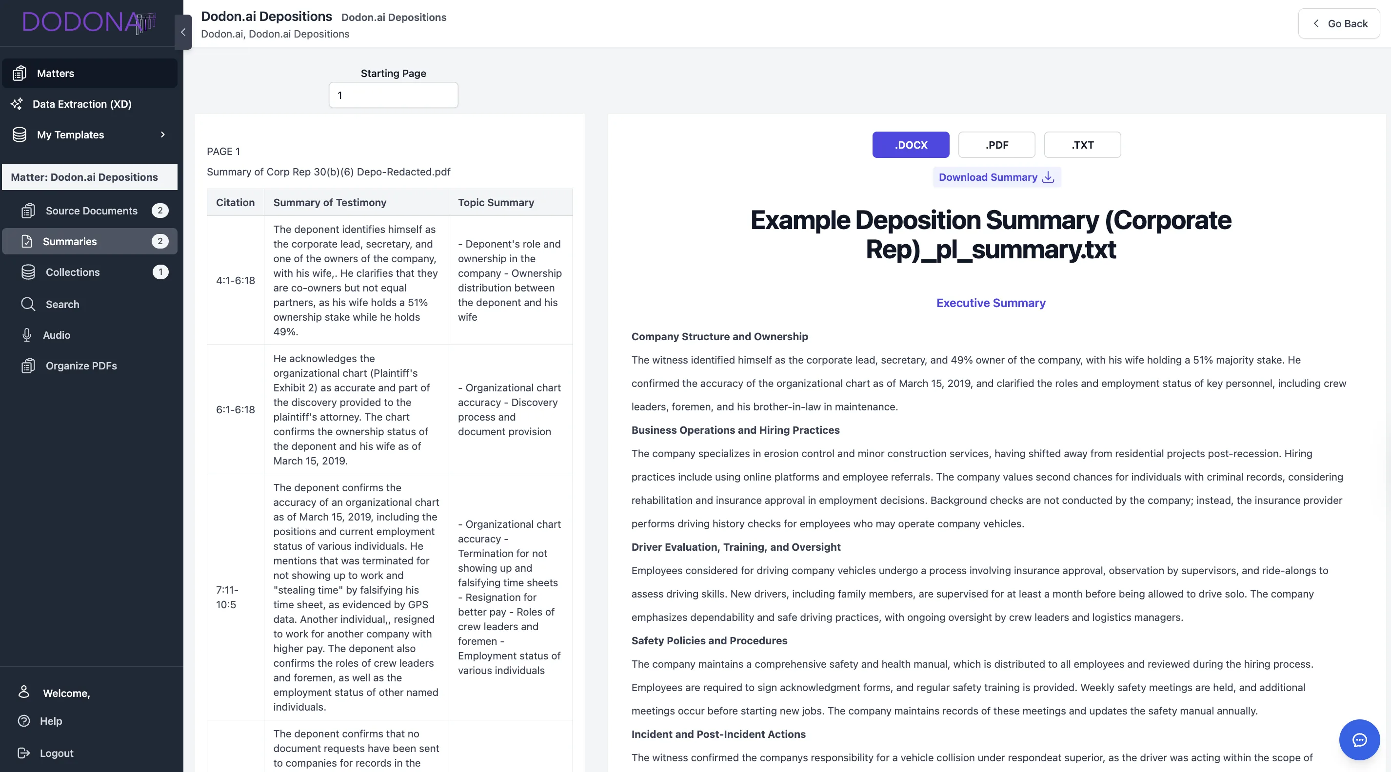 Dodon.ai deposition summary view with page-line table, executive summary, and export options