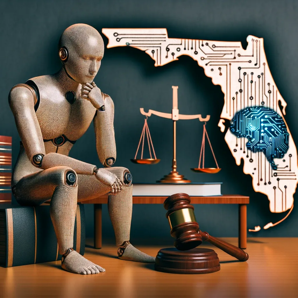 Image of the state of Florida, an AI lawyer, and legal symbols