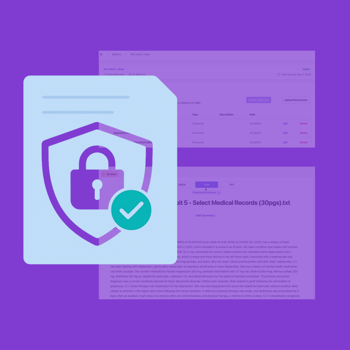 Illustration of a secure document with shield and lock icon, representing Dodon.ai’s privacy-first AI for legal and medical records, in brand colors.