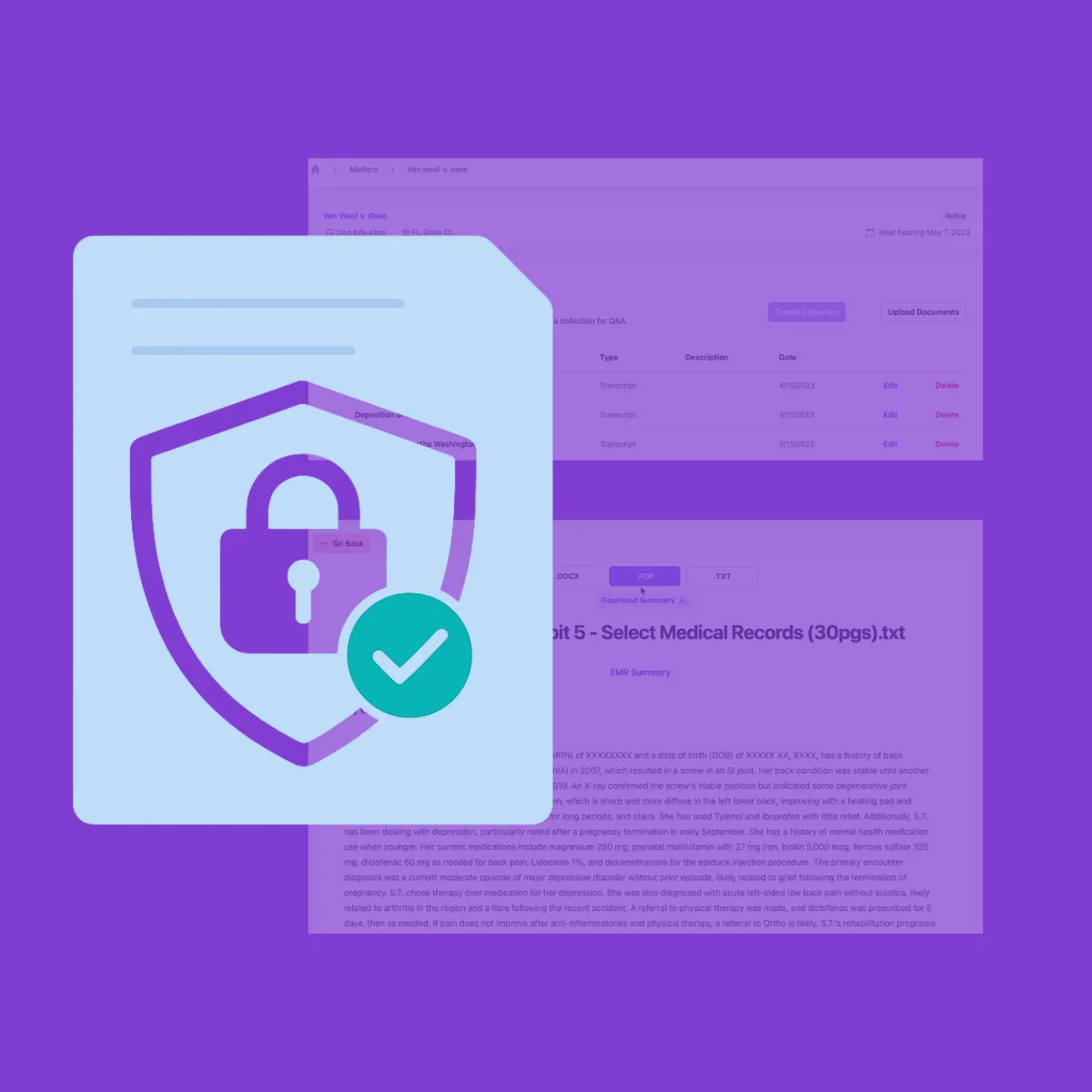 Illustration of a secure document with shield and lock icon, representing Dodon.ai’s privacy-first AI for legal and medical records, in brand colors.