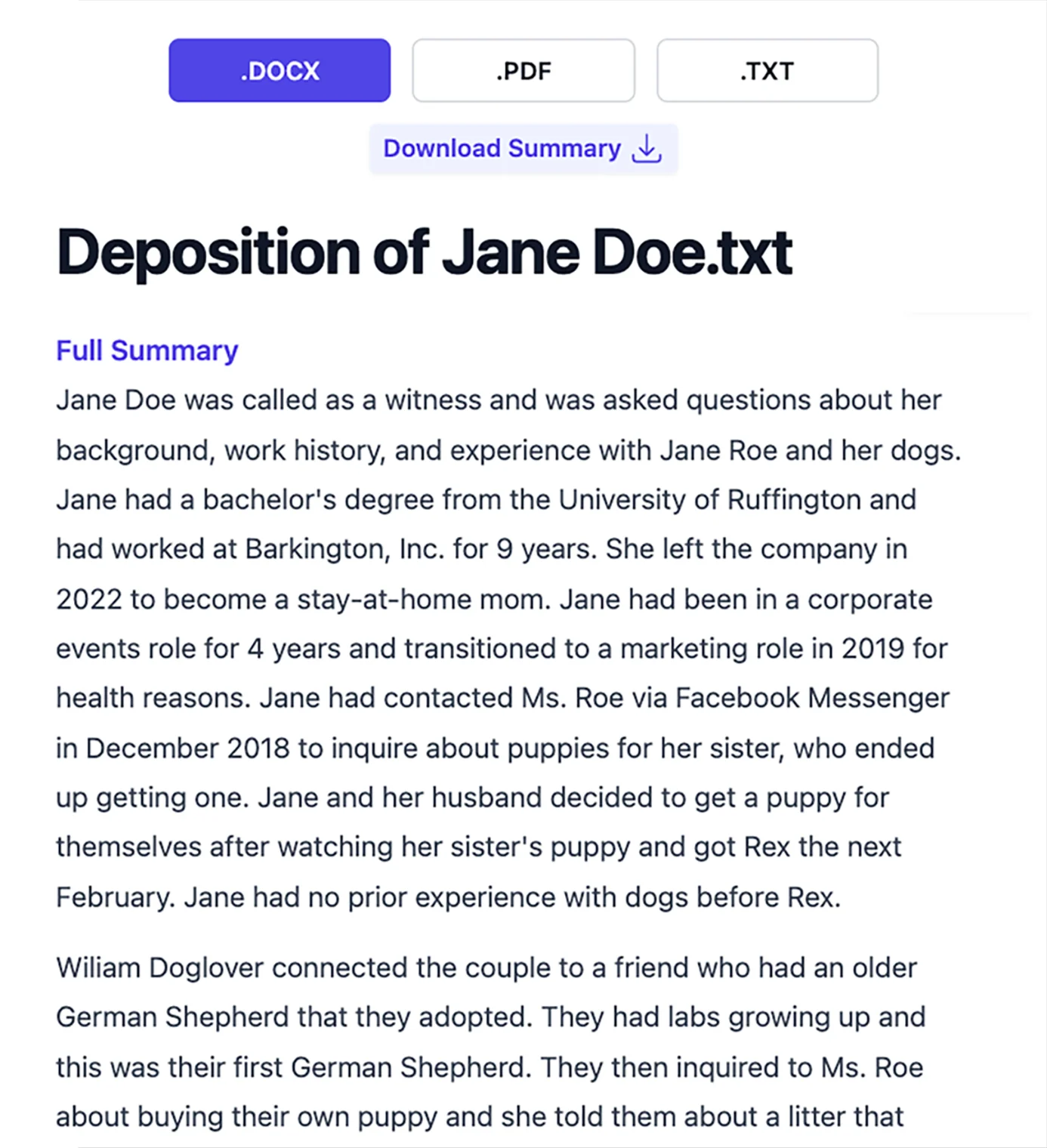 Deposition summary, created by Dodonai's software and screenshotted