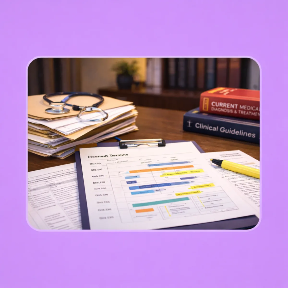 Medical records organized for malpractice review with highlighted standard-of-care deviations on a clinical timeline